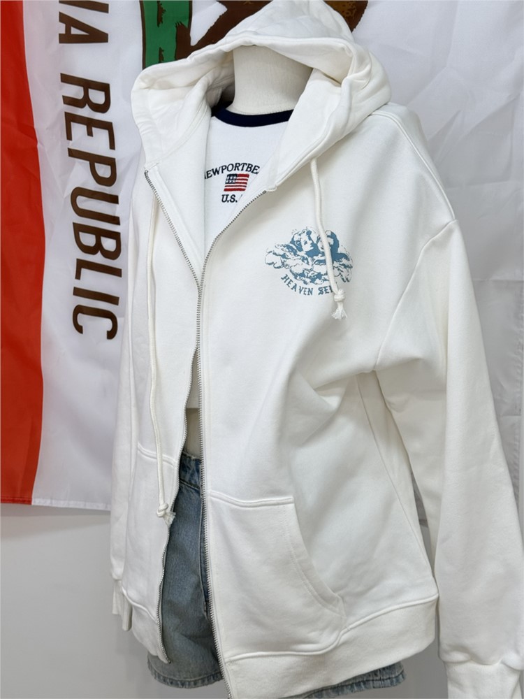 ホワイトヴィンテージジップアップパーカー女性秋長袖ポケットル - Street Fashion Zip Up Hoodie のレビューと価格