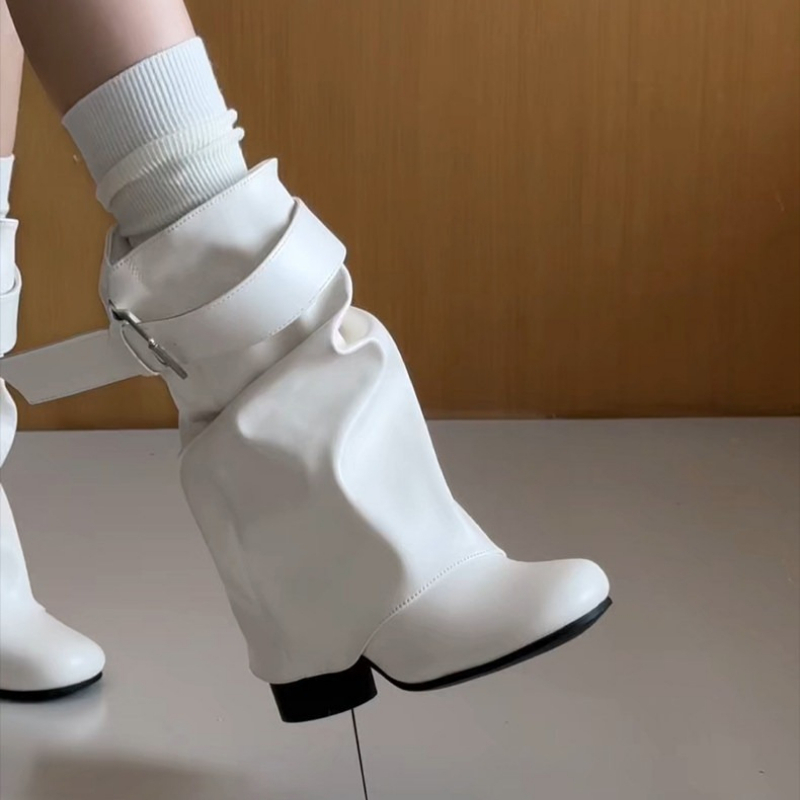 新作レディーススラウチミッドカーフレザーブーツ、メタルバック - Street Fashion News のレビューと価格