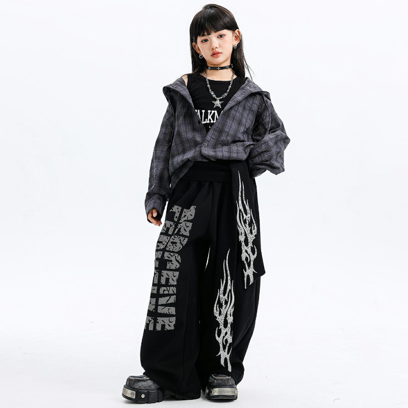女の子ジャズダンス衣装フード付きチェック柄シャツレザーパンツ - Street Fashion Outfit Girl のレビューと価格
