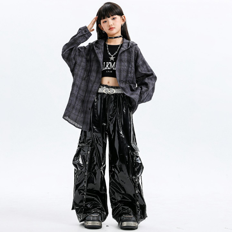 女の子ジャズダンス衣装フード付きチェック柄シャツレザーパンツ - Street Fashion Outfit Girl のレビューと価格