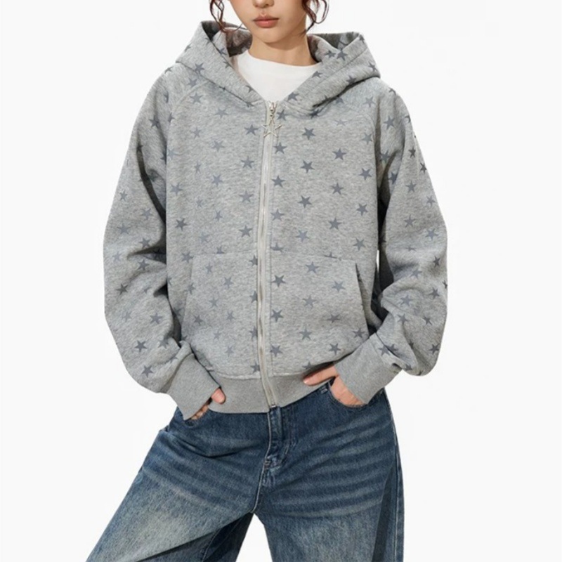 アメリカンスタイルファッションスタープリントレディースパーカ - Street Fashion Zip Up Hoodie のレビューと価格