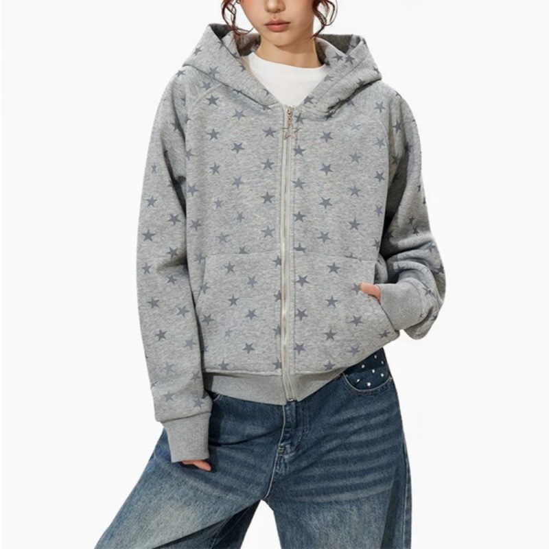 アメリカンスタイルファッションスタープリントレディースパーカ - Street Fashion Zip Up Hoodie のレビューと価格