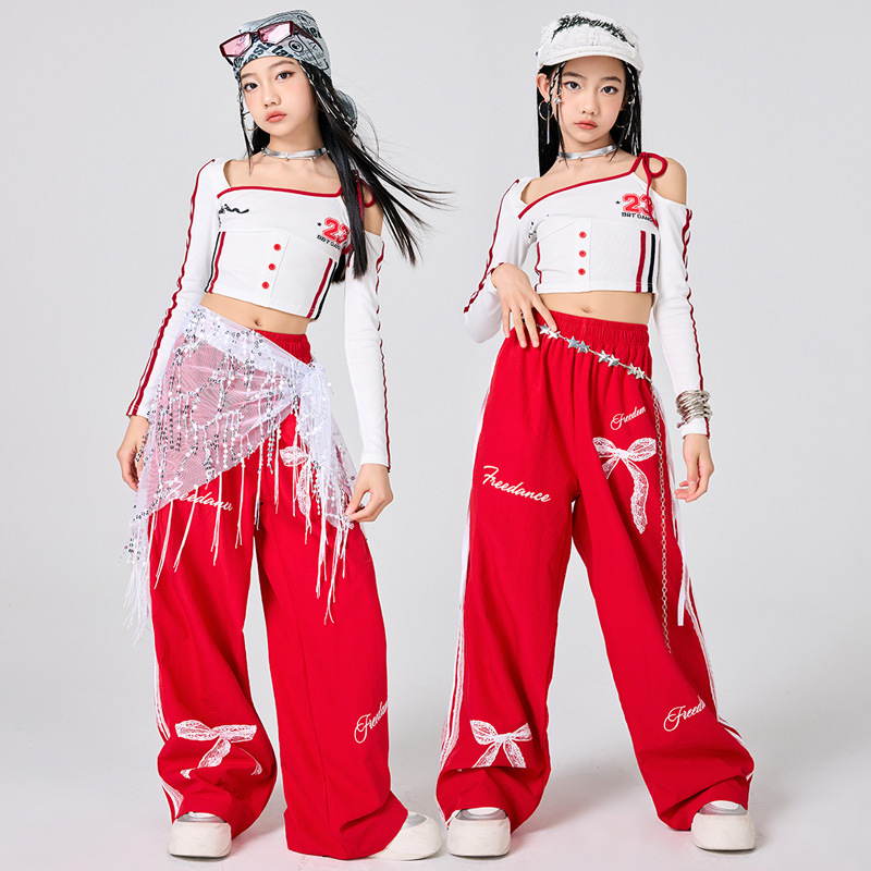 女の子ヒップホップ服白トップ赤スカートジャズダンスパフォーマ - Street Fashion Outfit Girl のレビューと価格