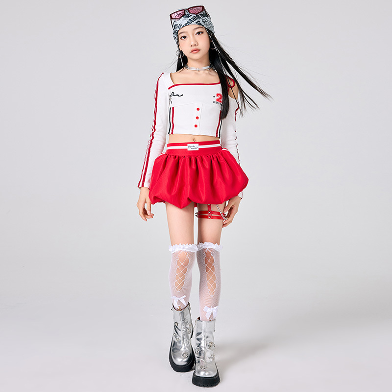 女の子ヒップホップの服白トップ赤スカートジャズダンスパフォー - Street Fashion Outfit Girl のレビューと価格