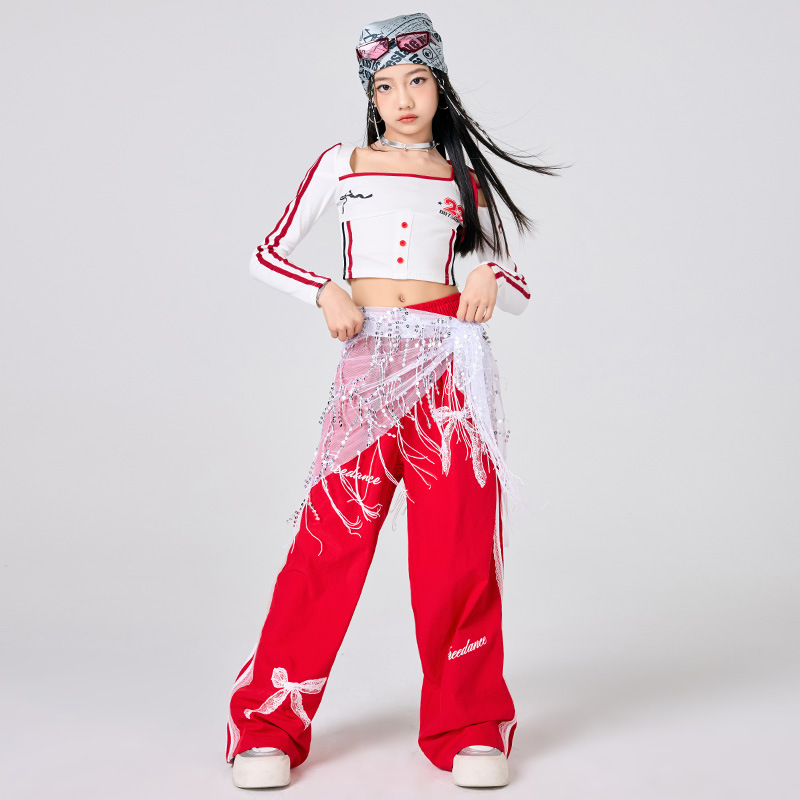 女の子ヒップホップの服白トップ赤スカートジャズダンスパフォー - Street Fashion Outfit Girl のレビューと価格