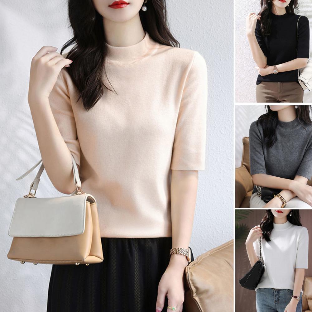 夏ニットセーター半袖無地韓国ファッションスタイル Tシャツカ - Korean Street Fashion Female のレビューと価格