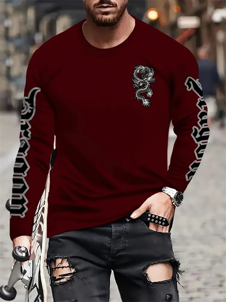 シンプルな龍柄プリントの秋ファッション、クルーネックメンズ長 - Street Fashion China のレビューと価格
