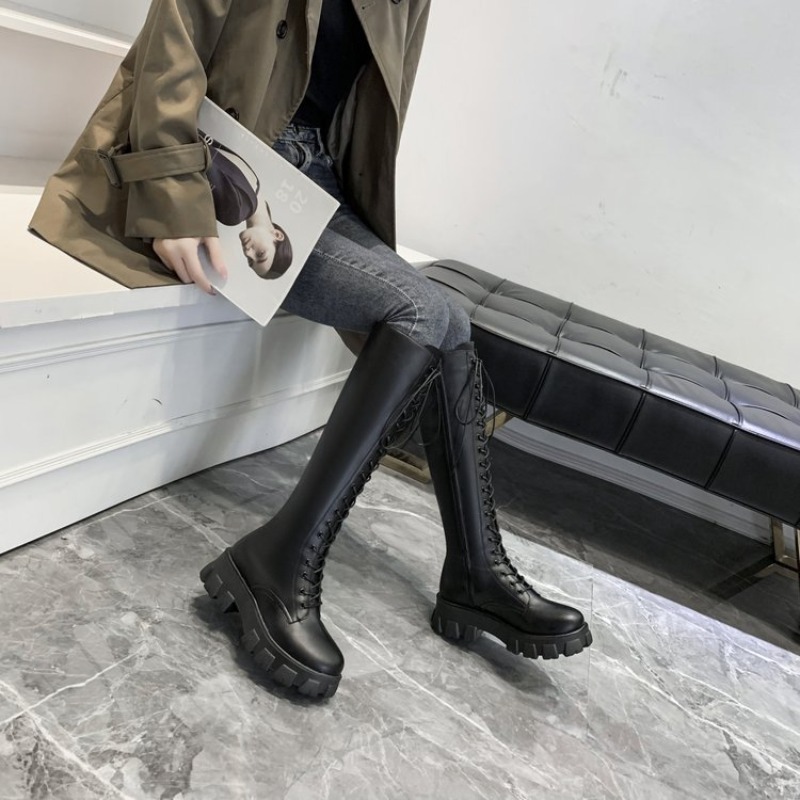 女性用ニーハイブーツ、レースアップコンバットブーツ、プラット - Street Fashion Female のレビューと価格
